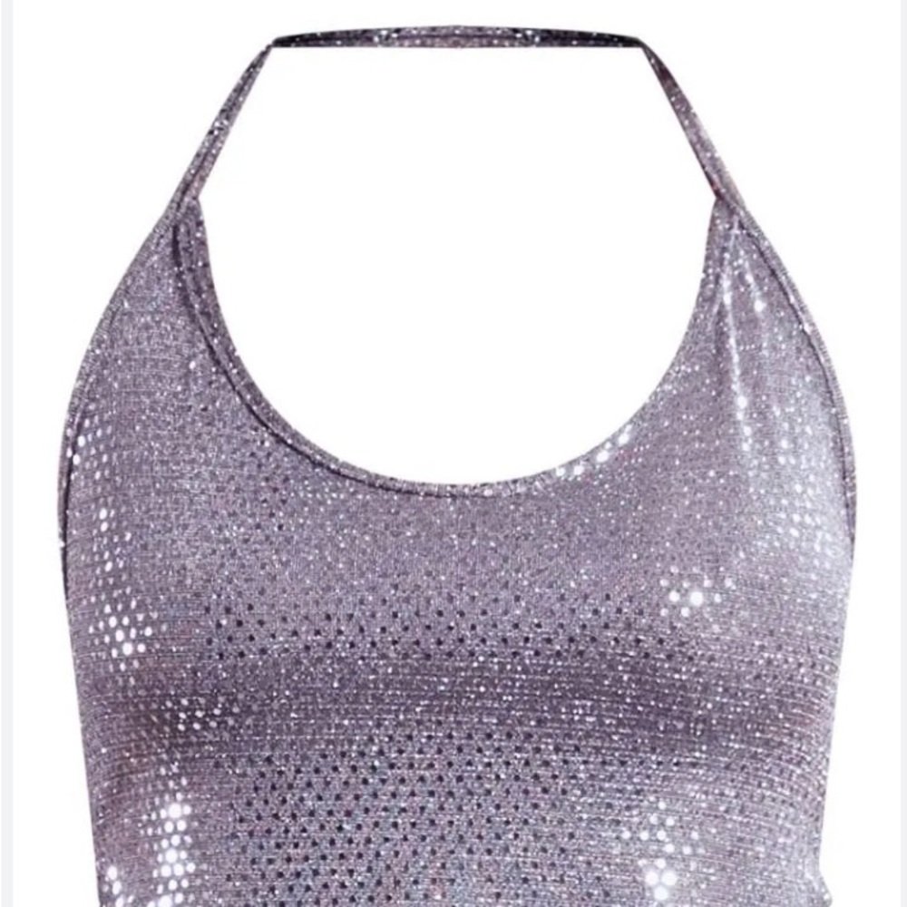 PLT SILVER GLITTER SEQUIN HALTERNECK SCARF TOP FAST FREE SHIPPING